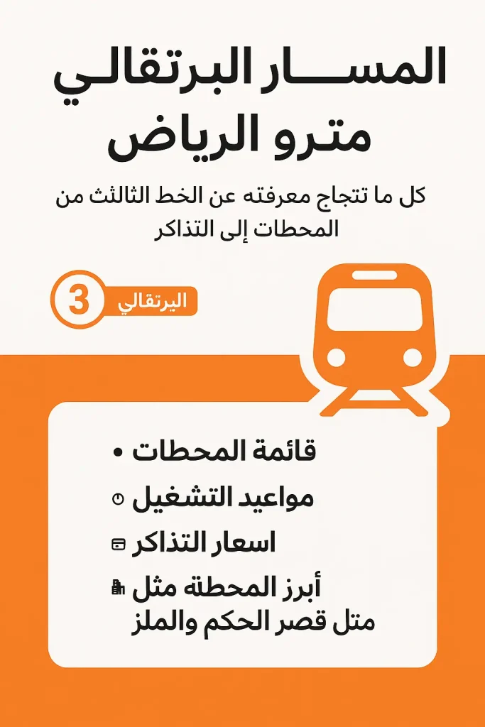 صورة إنفوجرافيك توضح معلومات عن المسار البرتقالي في مترو الرياض، تتضمن عنوانًا رئيسيًا ونقاطًا مختصرة عن المحطات، مواعيد التشغيل، أسعار التذاكر، وأبرز المحطات مثل قصر الحكم والملز، بتصميم عصري وألوان برتقالية.