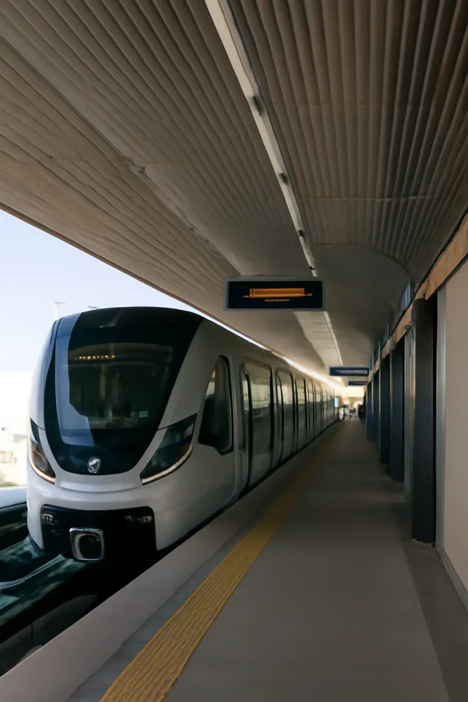 محطة مترو الرياض الحديثة مع(بحث عن مترو الرياض) وصول قطار أبيض أنيق إلى الرصيف. يحتوي القطار على واجهة منحنية ونوافذ مظللة وشعار "م" أخضر، مع لافتة رقمية تعرض معلومات الوجهة. تمتد المنصة والمسارات إلى المسافة تحت مزيج من الإضاءة الطبيعية والصناعية.