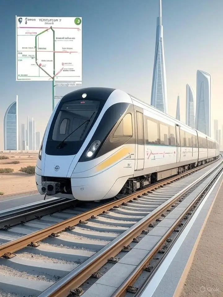 خريطة الخط السابع لمترو الرياض من مطار الملك خالد إلى القدية مع قطار حديث