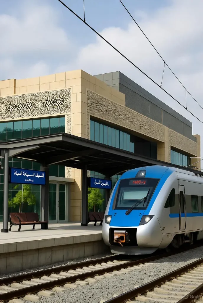 محطة الدمام للقطار مع قطار الشرق الدمام الرياض، لوحات باللغة العربية تعرض محطات التوقف لقطار الدمام عبر بقيق والأحساء، خدمات ذوي الاحتياجات الخاصة في محطة الدمام