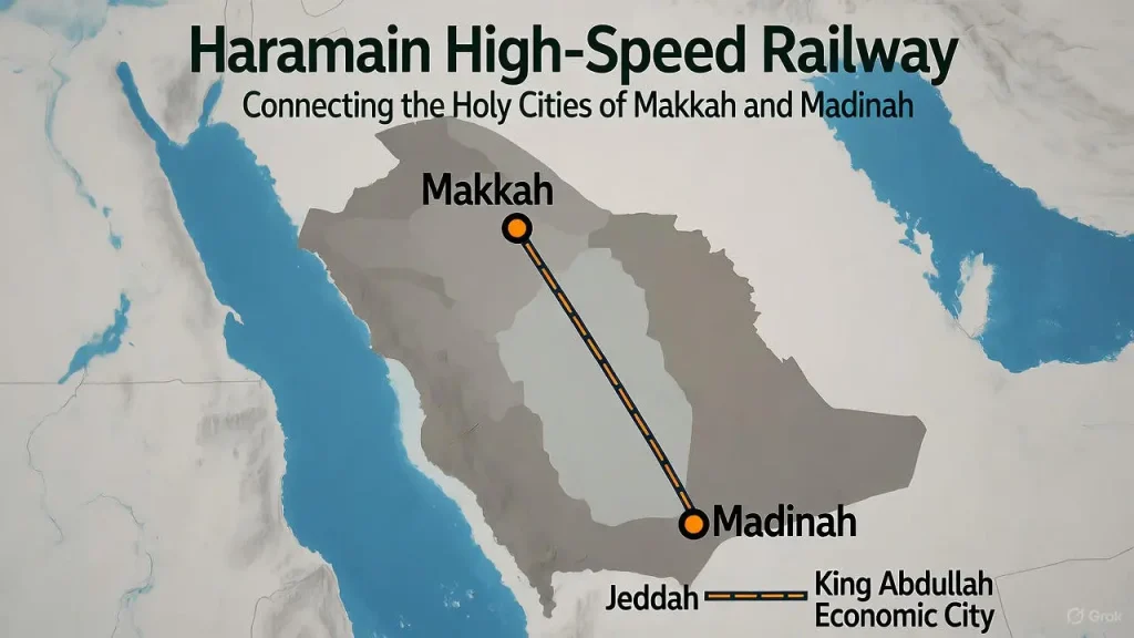 قطار الحرمين السريع يمر بسرعة عبر صحراء السعودية، يربط مكة المكرمة والمدينة المنورة وجدة ومدينة الملك عبدالله الاقتصادية