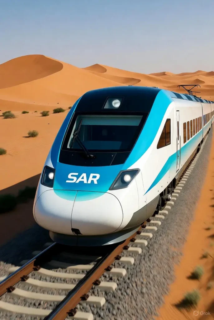 قطار سار يسير عبر الصحراء السعودية، يعكس الحداثة والسرعة