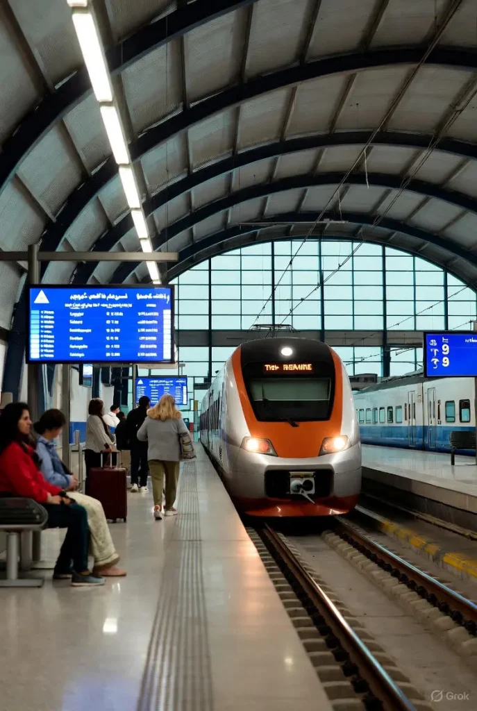 محطة قطار الدمام الرياض مع قطار حديث يصل إلى الرصيف، لوحات إلكترونية تعرض مواعيد قطار الدمام، ركاب ينتظرون في محطة حديثة بالمنطقة الشرقية السعودية