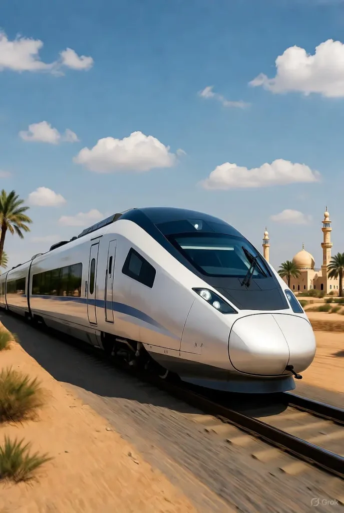 صورة لقطار الحرمين السريع في الطريق إلى مكة والمدينة، مع حجز قطار الحرمين سهل عبر الإنترنت، خلفية صحراوية ومعمار سعودي تقليدي